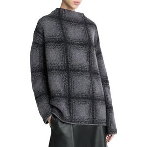 Women's Vince Shadow Plaid Funnel Neck Sweater Alpaca Wool Blend Black SZ XXS